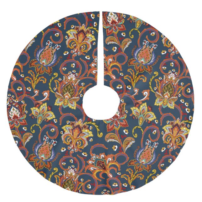 Hand Drawn Flowers: Colourful Navy Pattern Brushed Polyester Tree Skirt (Front)