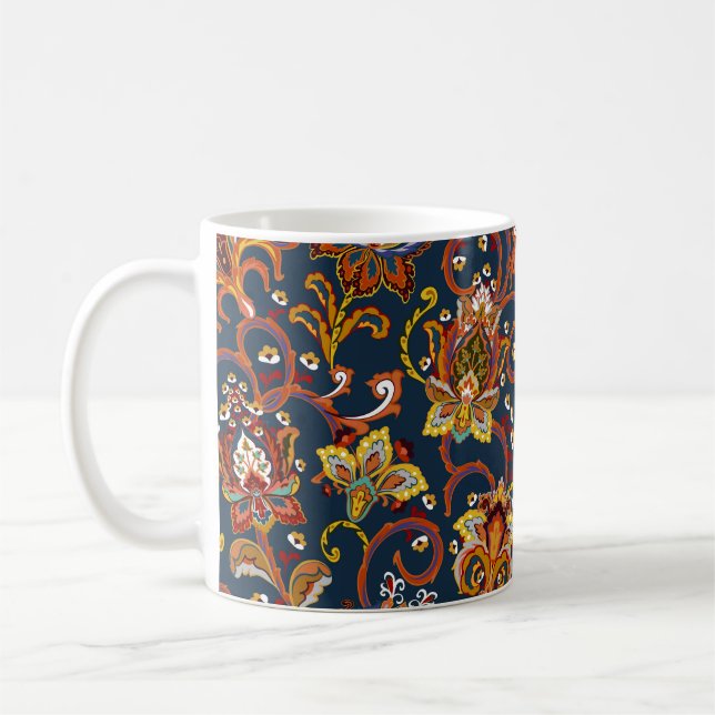 Hand Drawn Flowers: Colourful Navy Pattern Coffee Mug (Left)