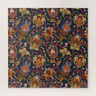 Hand Drawn Flowers: Colourful Navy Pattern Jigsaw Puzzle