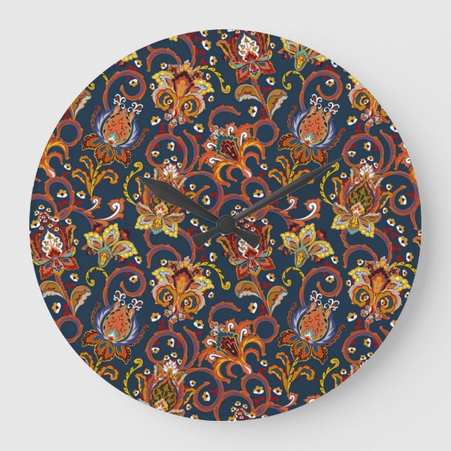Hand Drawn Flowers: Colourful Navy Pattern Large Clock (Front)