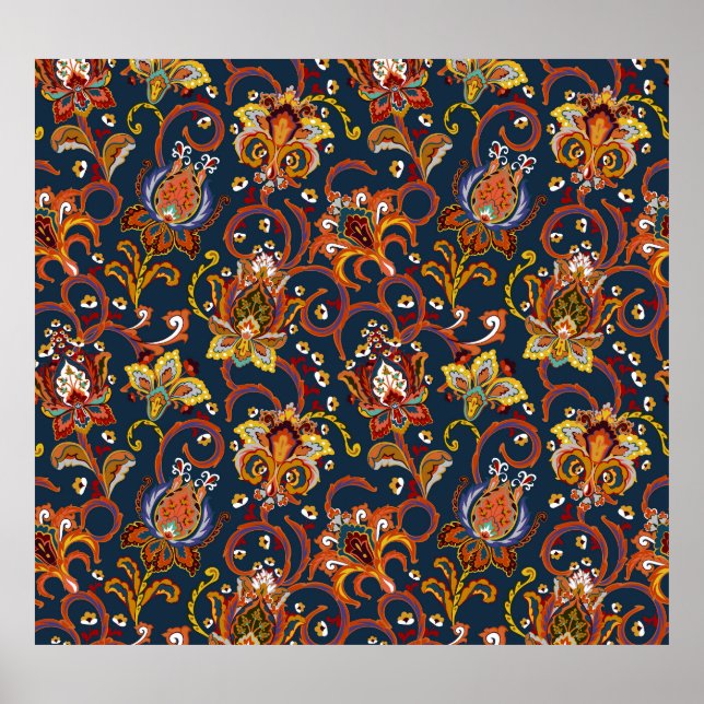 Hand Drawn Flowers: Colourful Navy Pattern Poster (Front)