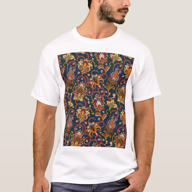 Hand Drawn Flowers: Colourful Navy Pattern T-Shirt (Front)