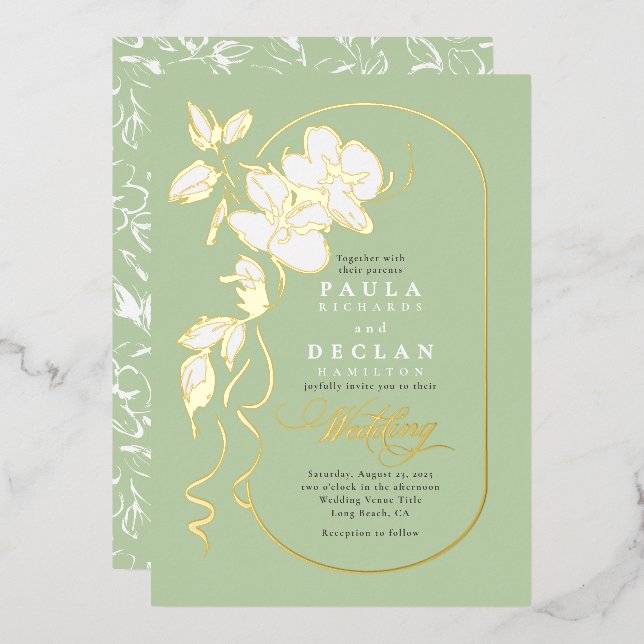 Hand-drawn Flowers Elegant Sage Green Wedding (Front/Back)