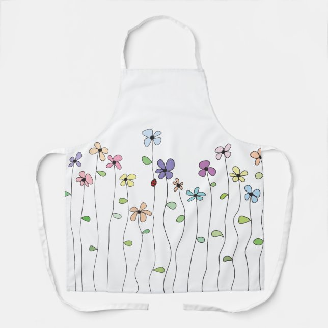 Hand Drawn Flowers & Ladybug All-Over Print Apron (Front)