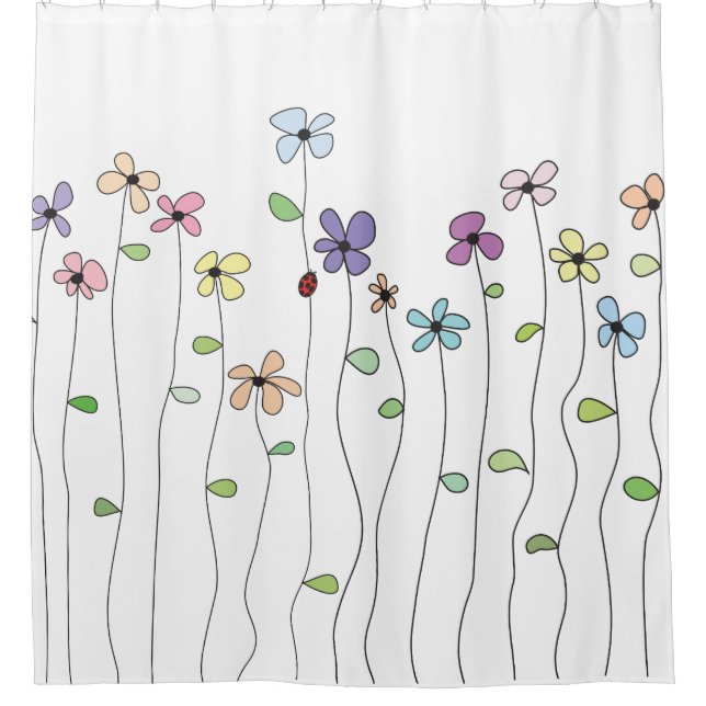 Hand Drawn Flowers & Ladybug Shower Curtain (Front)