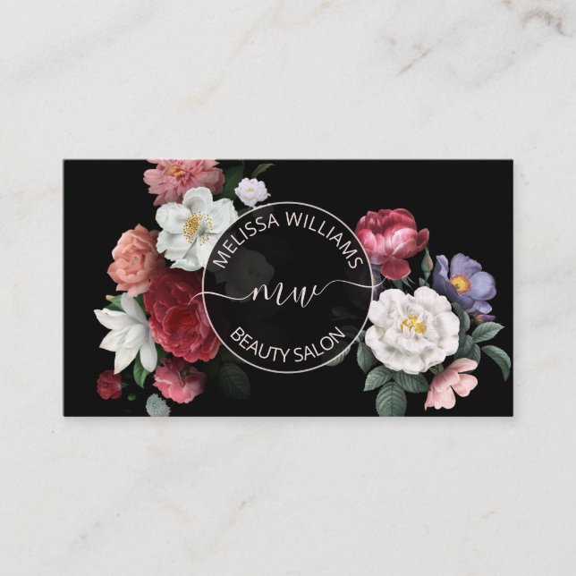 Hand drawn Flowers Logo Black Business Card (Front)