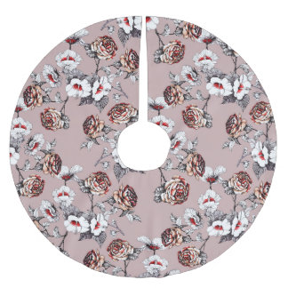 Hand-drawn flowers, pink watercolor pattern. brushed polyester tree skirt