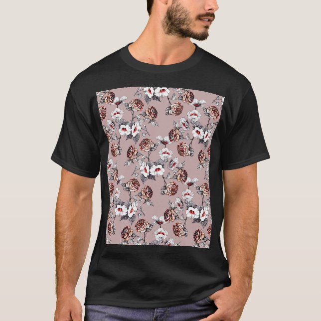 Hand-drawn flowers, pink watercolor pattern. T-Shirt (Front)