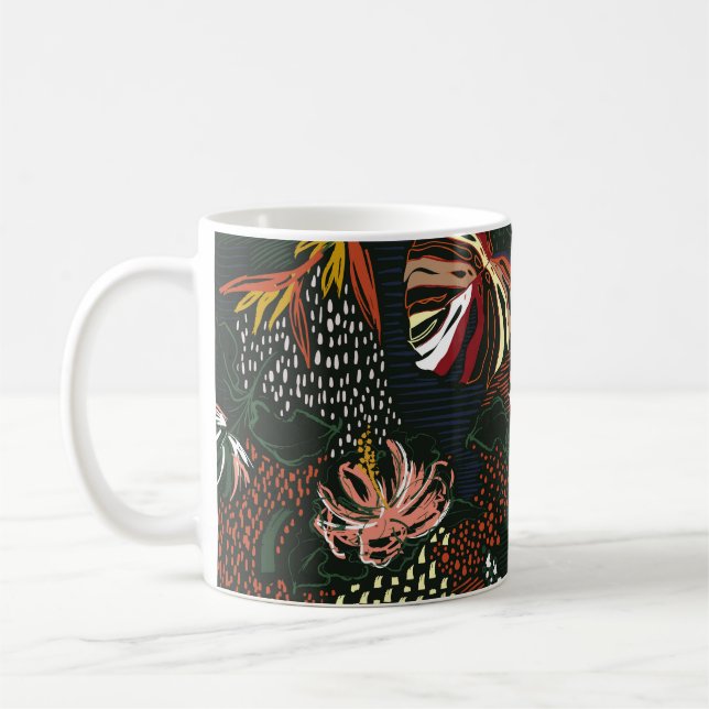 Hand-drawn flowers, tropical palm forest. coffee mug (Left)