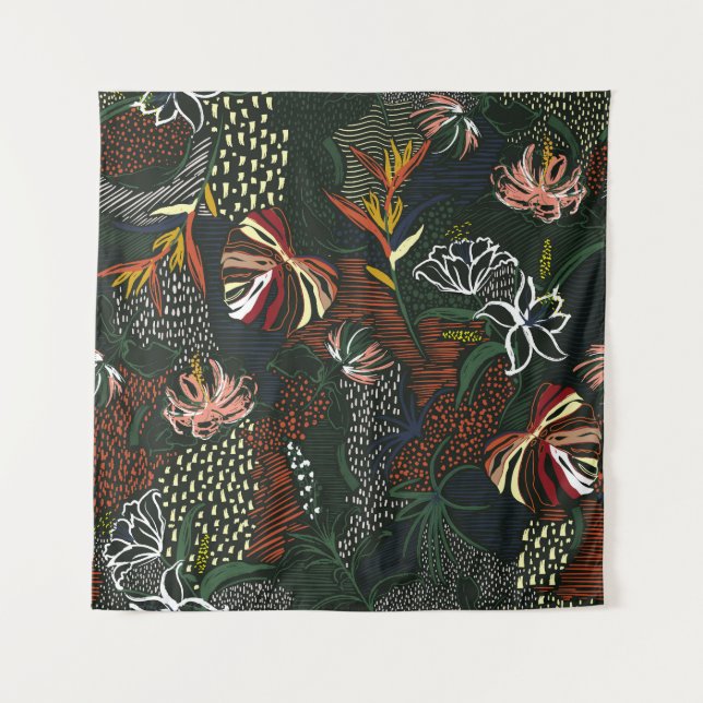 Hand-drawn flowers, tropical palm forest. tapestry (Front)