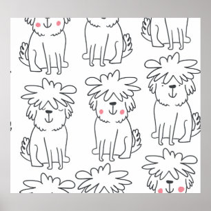 Hand-drawn fluffy dogs: vintage pattern. poster