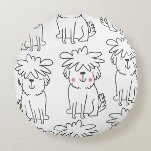Hand-drawn fluffy dogs: vintage pattern. round cushion