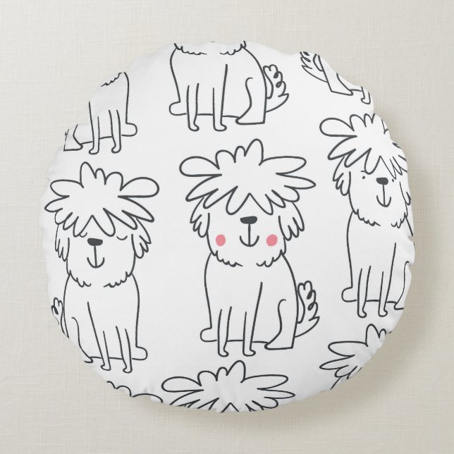 Hand-drawn fluffy dogs: vintage pattern. round cushion (Front)
