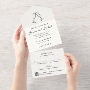 Hand Drawn Flutes Doodle QR Code Modern Wedding All In One Invitation