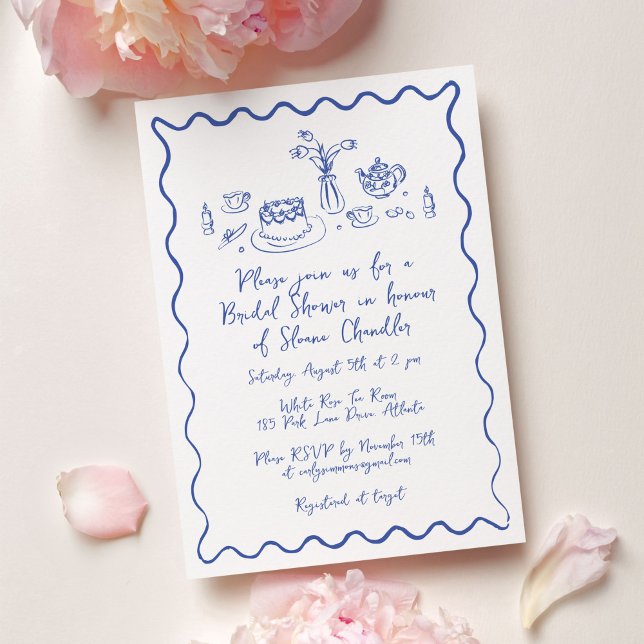Hand Drawn Food and Drinks Doodles Bridal Brunch Invitation (Hand drawn food and drink doodle illustrations bridal brunch invitation in blue and white.)
