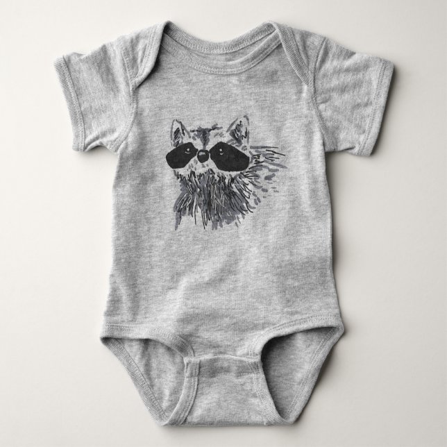 Hand-drawn Forest Animal Wildlife Racoon Baby Bodysuit (Front)