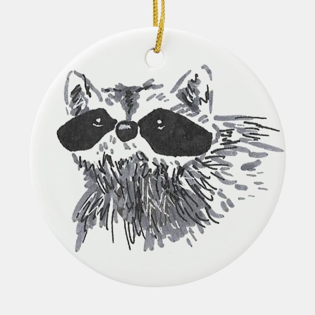 Hand-drawn Forest Animal Wildlife Racoon Ceramic Tree Decoration (Front)