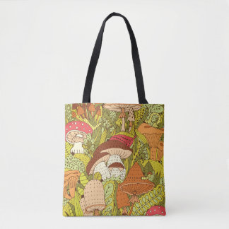 Hand drawn forest pattern with different types of  tote bag