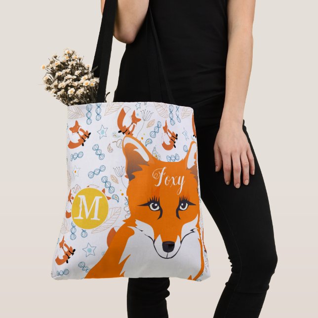 Hand Drawn Fox Heart Yellow Blue Coral Orange Tote Bag (Close Up)