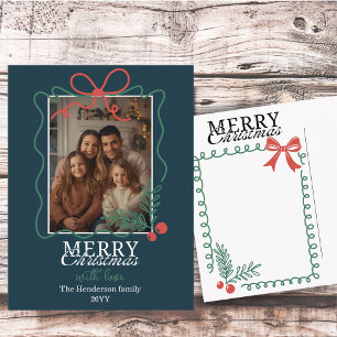 Hand-drawn frame modern teal blue Merry Christmas Holiday Postcard