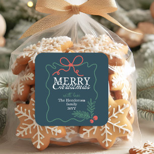 Hand-drawn frame teal blue Merry Christmas  Square Sticker