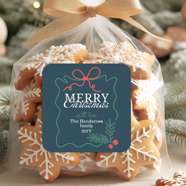 Hand-drawn frame teal blue Merry Christmas  Square Sticker (Creator Uploaded)