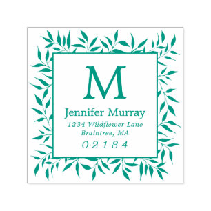 Hand Drawn Framed Laurel Leaves Monogram Address Self-inking Stamp