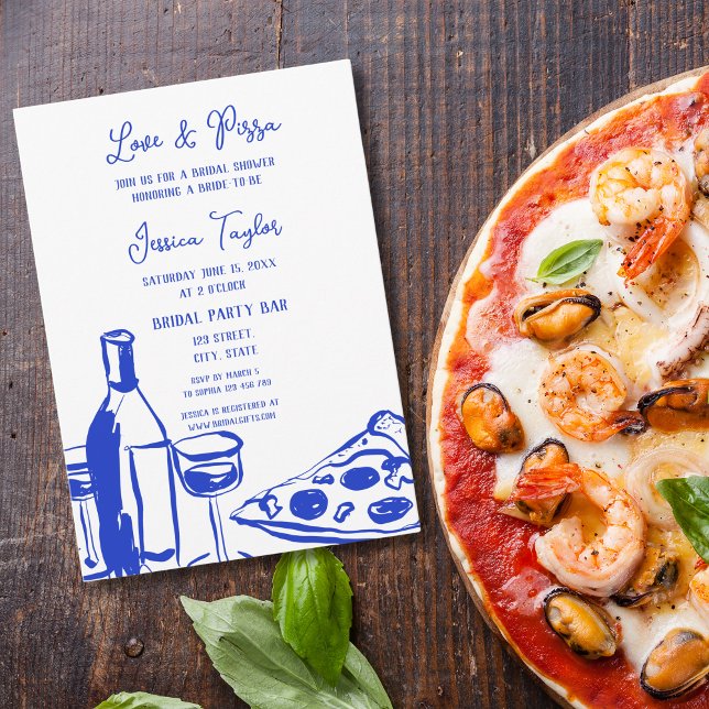Hand Drawn French Blue Bridal Brunch Love & Pizza Invitation (Creator Uploaded)