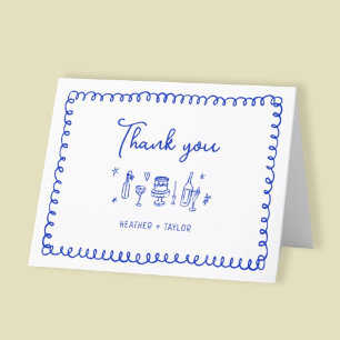 Hand Drawn French Blue Fun Whimsical Wedding Thank You Card