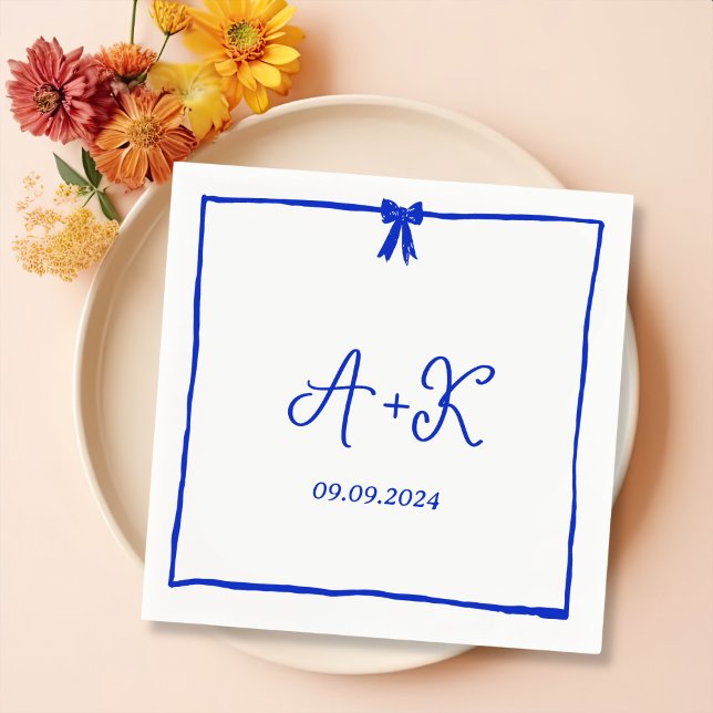 Hand Drawn French Blue Wedding Monogram Napkin (Creator Uploaded)