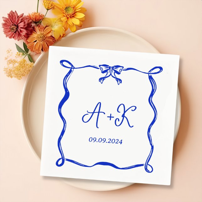Hand Drawn French Blue Wedding Monogram Napkin (Creator Uploaded)