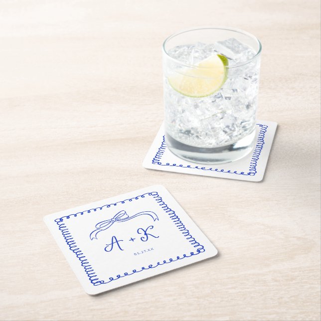 Hand Drawn French Blue Wedding Monogram Square Paper Coaster (Insitu)