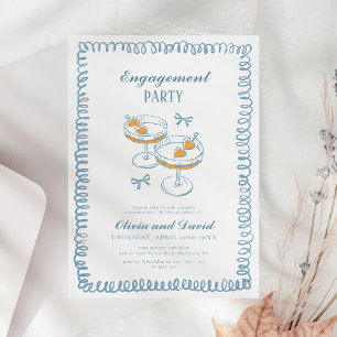 Hand Drawn French Blue Whimsical Engagement Party Invitation