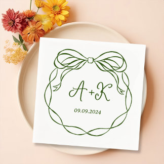 Hand Drawn French Green Wedding Monogram Napkin