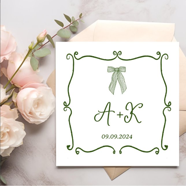 Hand Drawn French Green Wedding Monogram Napkin (Creator Uploaded)
