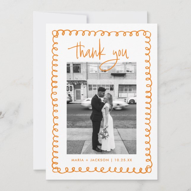 Hand Drawn French Orange Wedding Photo Thank You Card (Front)