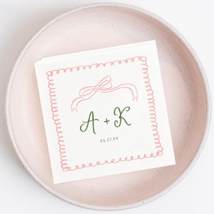 Hand Drawn French Pink and Green Wedding Monogram Napkin