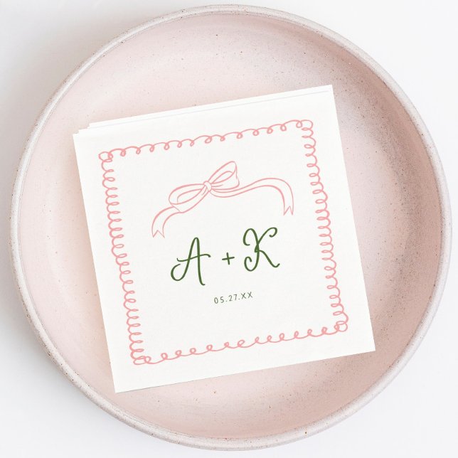 Hand Drawn French Pink and Green Wedding Monogram Napkin (Creator Uploaded)