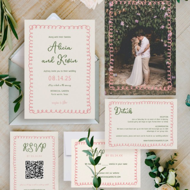 Hand Drawn French Pink and Green Wedding Photo Invitation (Creator Uploaded)