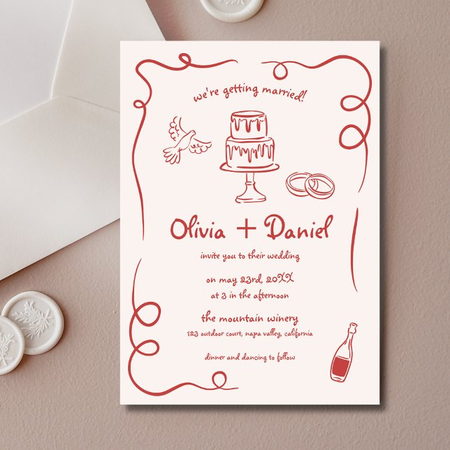 Hand Drawn French Quirky Red Whimsical Wedding Invitation (Creator Uploaded)
