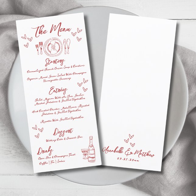 Hand Drawn French Red Whimsical Wedding Menu (Hand Draw French Red Whimsical Wedding Menu)