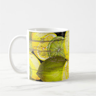 Hand drawn fresh lemon pattern on wood texture coffee mug