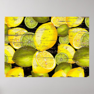 Hand drawn fresh lemon pattern on wood texture poster