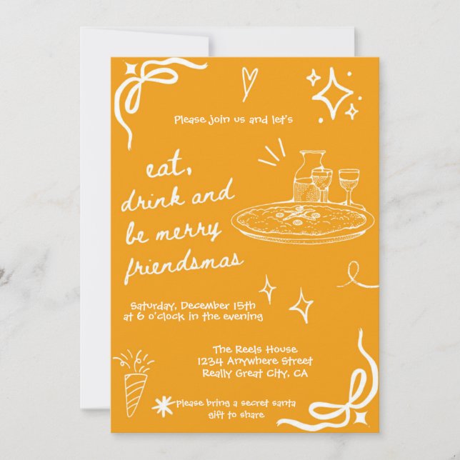 Hand Drawn Friendsmas Holiday Invitation Orange (Front)