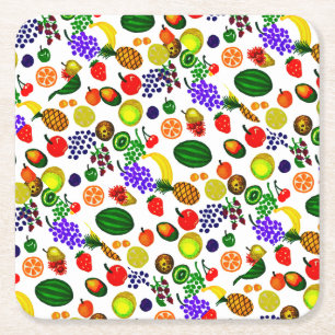 Hand Drawn Fruit Medley Pattern Square Paper Coaster