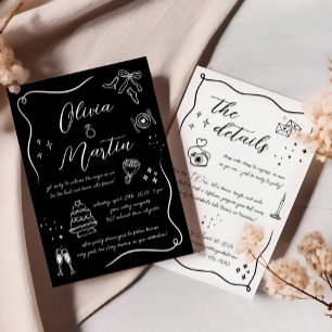 Hand drawn Fun Doodle Black and White Wedding Invitation
