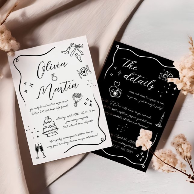 Hand drawn Fun Doodle Black and White Wedding Invitation (Creator Uploaded)