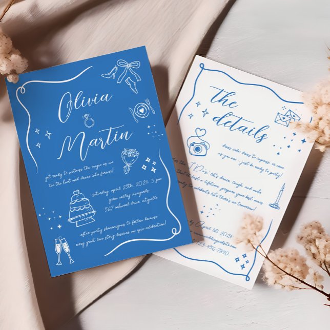 Hand drawn Fun Doodle Mediterranean Blue Wedding Invitation (Creator Uploaded)