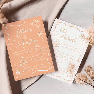 Hand drawn Fun Doodle Peach Wedding Invitation
