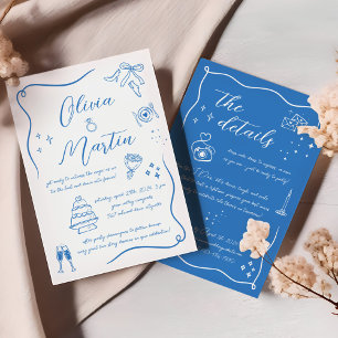 Hand drawn Fun Doodle White Blue Wedding Invitation